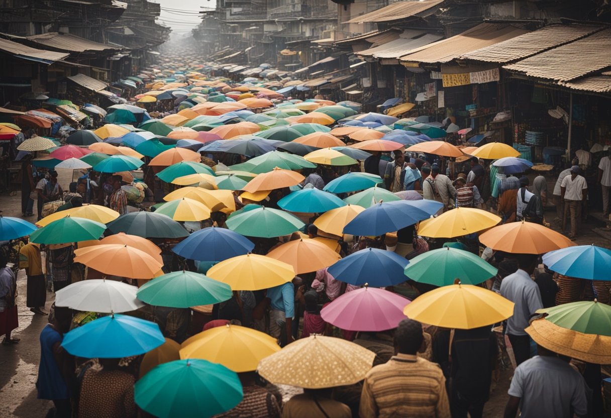 Um mercado movimentado com vendedores vendendo mercadorias sob guarda-sóis coloridos, enquanto as pessoas se reúnem para discutir os extraordinários benefícios do programa de ajuda do Brasil.