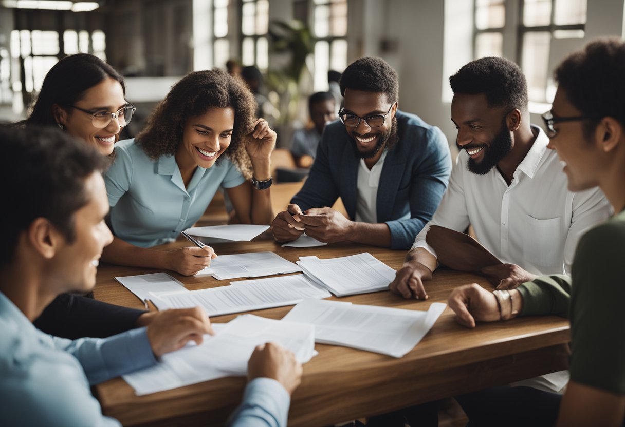 Um grupo de pessoas se reúne em torno de uma mesa, discutindo e revisando documentos relacionados à elegibilidade e critérios para o benefício extraordinário do programa de auxílio brasileiro.