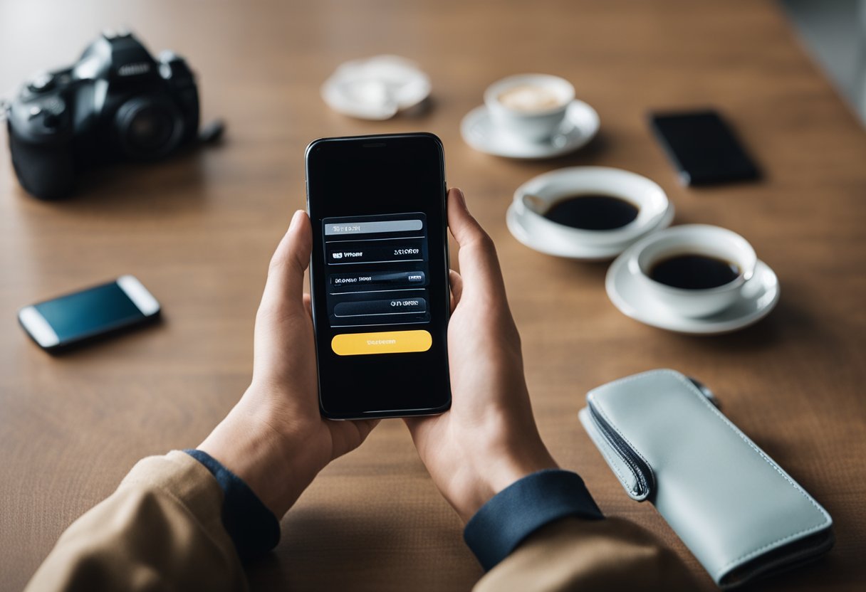 Uma pessoa parecendo confusa enquanto checa o celular e depois olha para uma carteira vazia