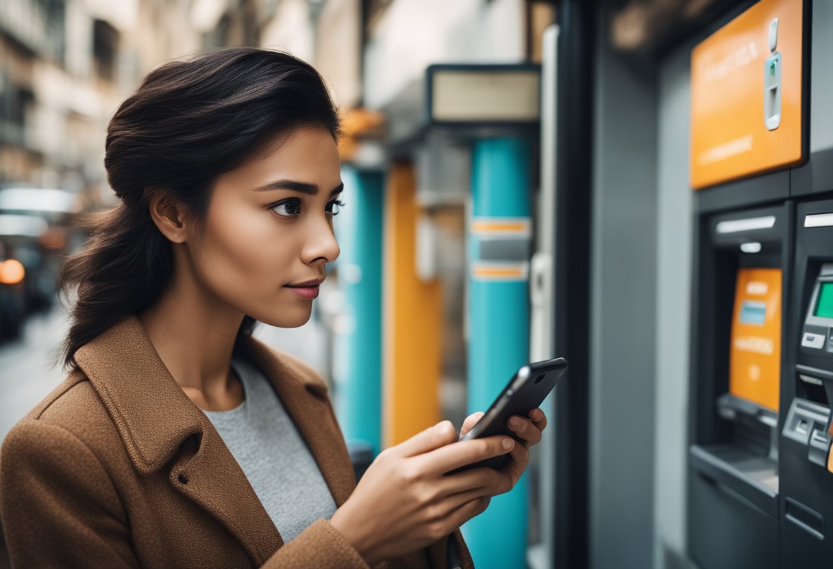Uma pessoa olhando para um smartphone com uma expressão perplexa, enquanto está em frente a um caixa eletrônico.