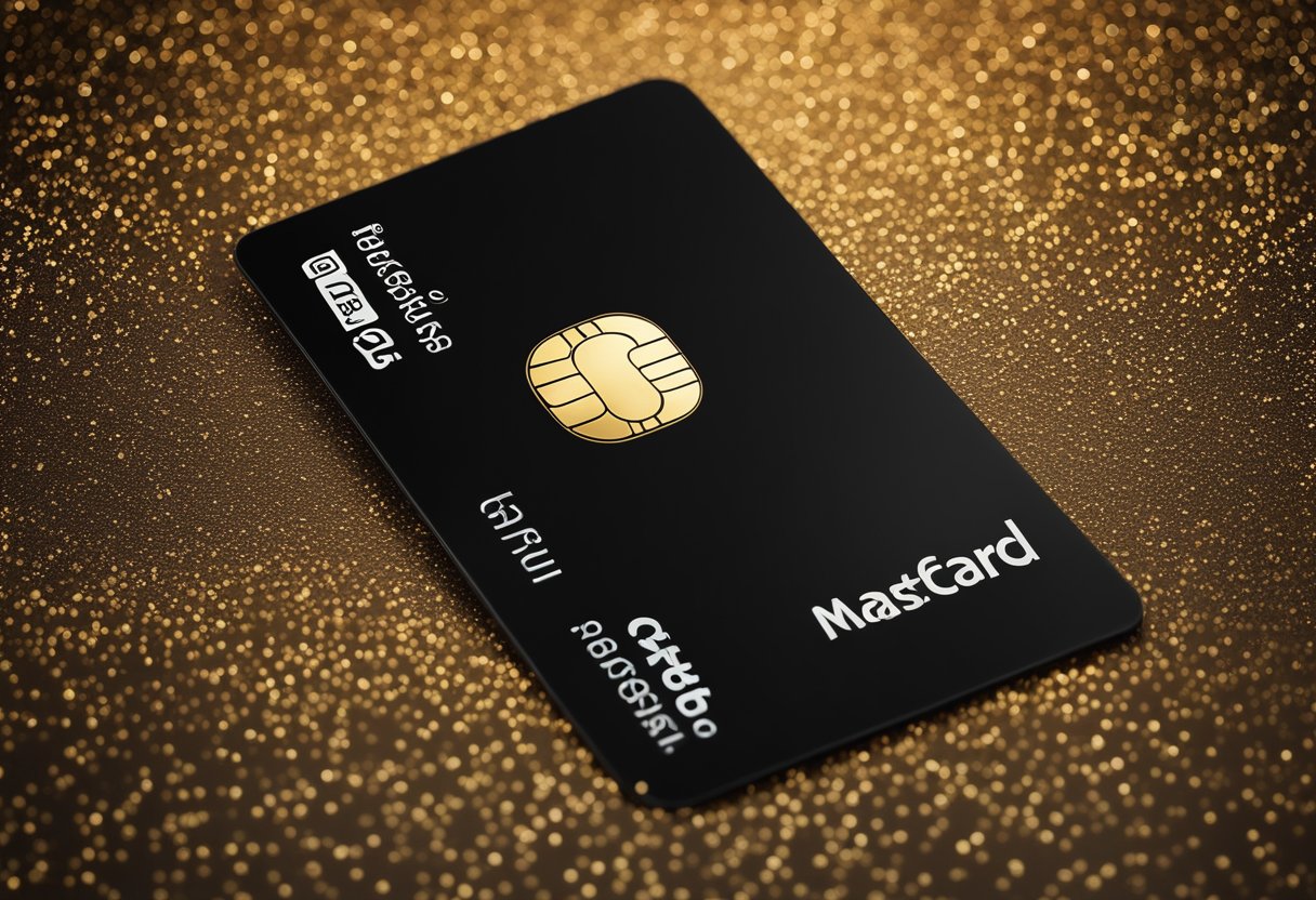 Um elegante Mastercard preto se destaca contra um fundo de amenidades luxuosas e exclusivas, simbolizando os benefícios do Mastercard Black.