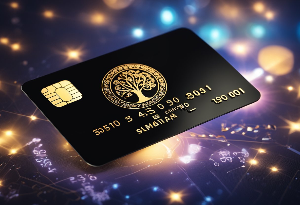 Um cartão de crédito preto luxuoso cercado por símbolos de viagem, gastronomia e entretenimento, com um holofote iluminando-o