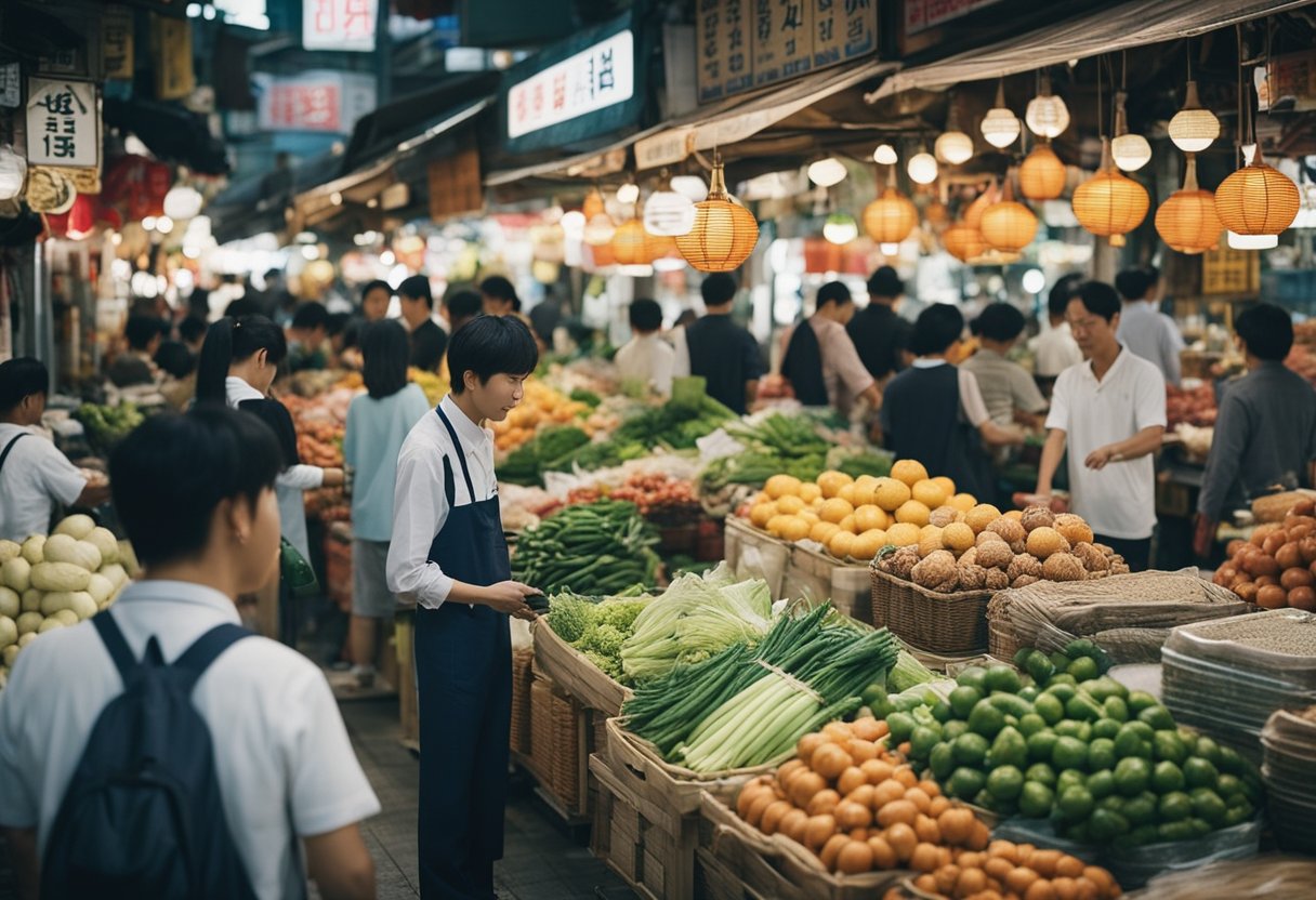 Um movimentado mercado sul-coreano com vendedores vendendo mercadorias e preços exibidos em won e reais.