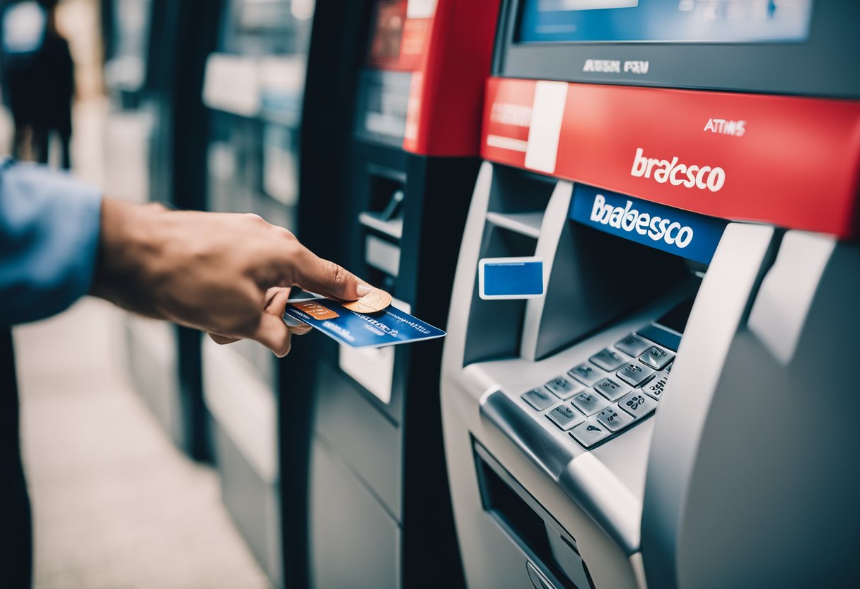 Uma pessoa usando um caixa eletrônico do Bradesco e um cartão de crédito