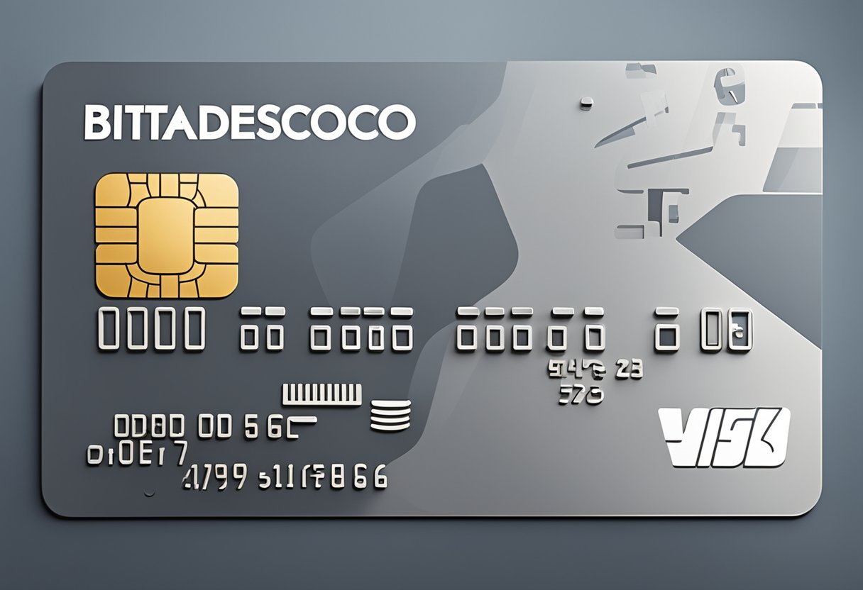 Um cartão de crédito Bitz Bradesco moderno e elegante cercado por símbolos e ícones de pagamento digital