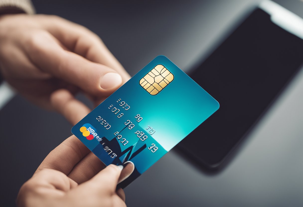 Uma mão segurando um cartão de crédito Bitz Bradesco com um ícone de carteira digital ao fundo