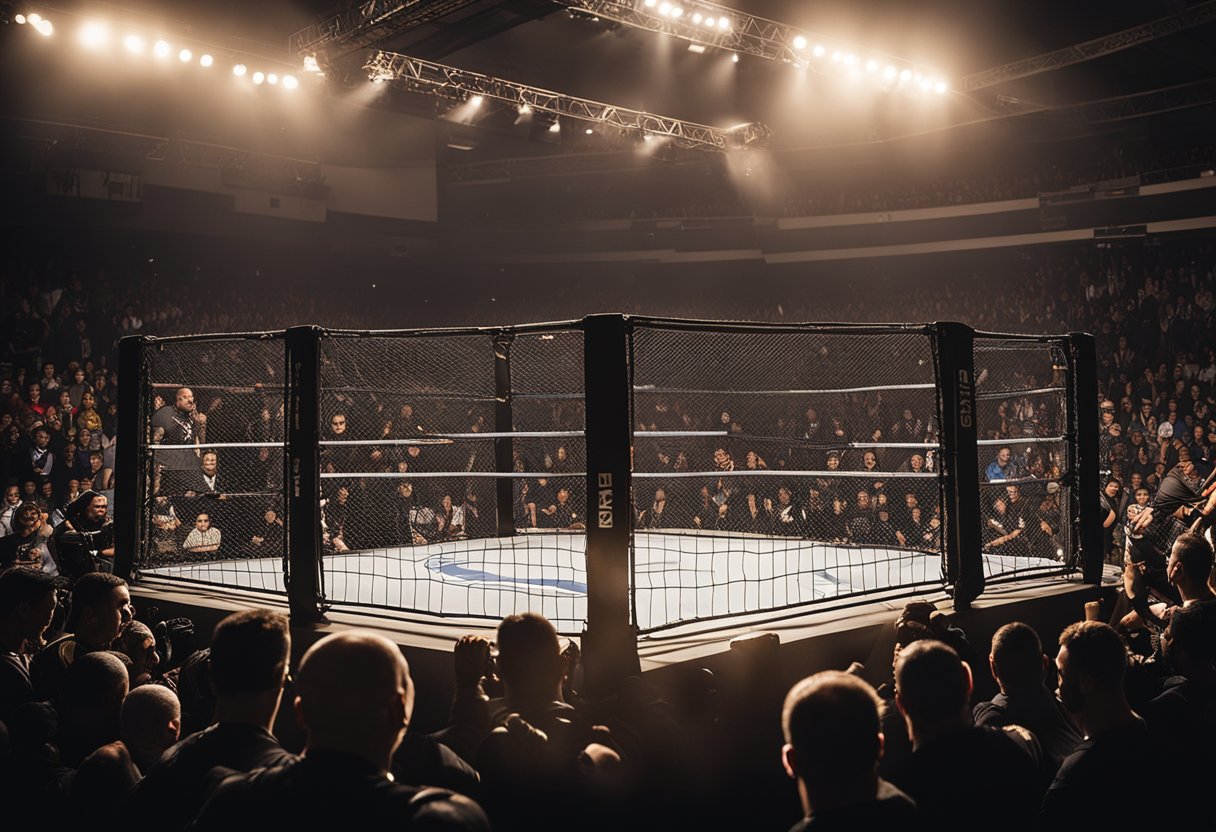 A cena mostra uma jaula de MMA iluminada com o logo da Blaze Apostas em destaque, cercada por fãs vibrando e lutadores intensos em ação.