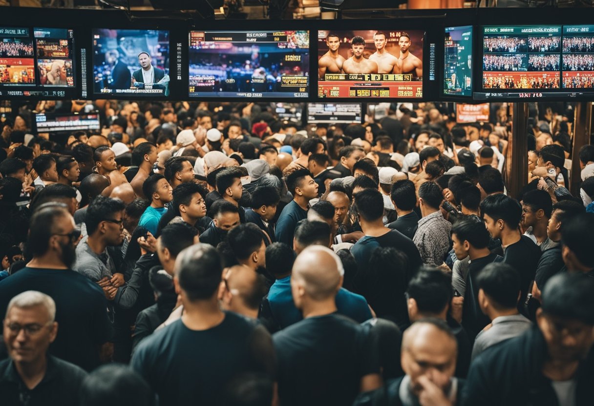 Um mercado de apostas em MMA lotado, com letreiros brilhantes e clientes ansiosos