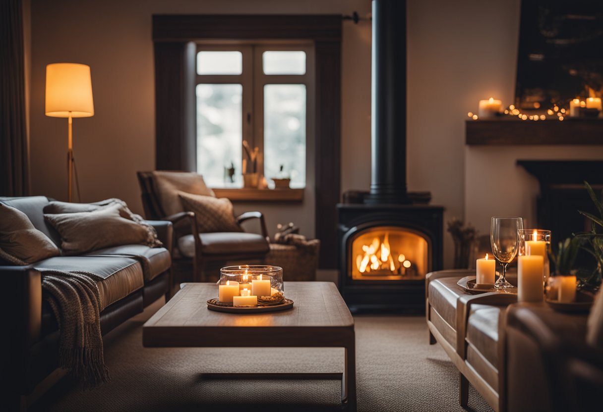 Uma fogueira crepitante ilumina uma sala de estar aconchegante, lançando um brilho quente nos móveis e criando uma atmosfera acolhedora.