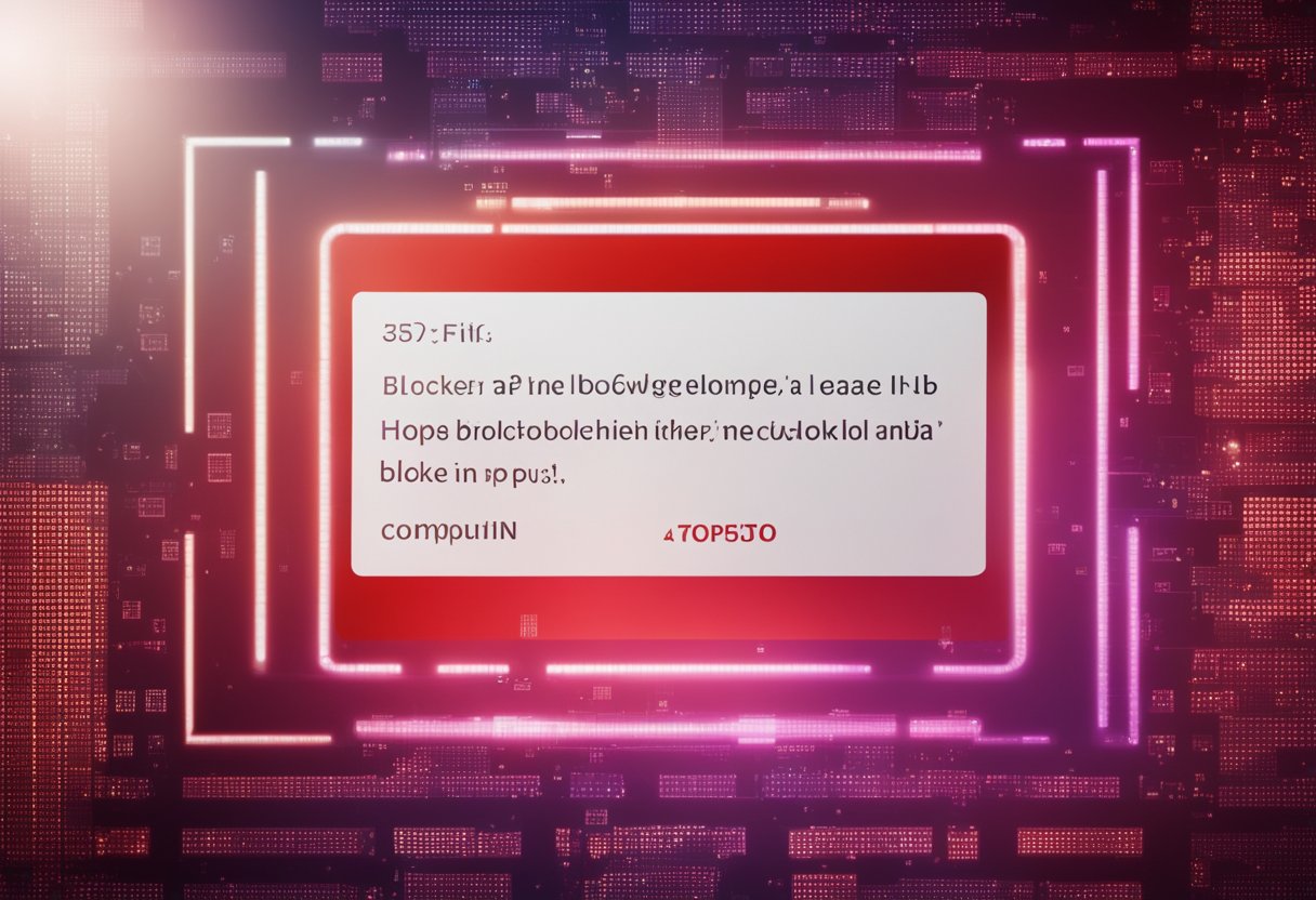Uma tela de computador com uma mensagem pop-up e um símbolo vermelho de "bloqueado"