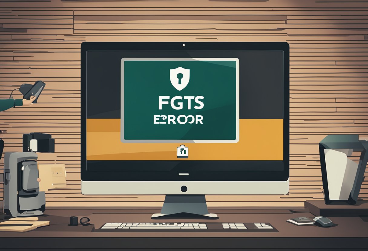 Uma tela de computador exibindo uma mensagem de erro com o logo do FGTS e um ícone de cadeado, enquanto uma pessoa parece frustrada e confusa.