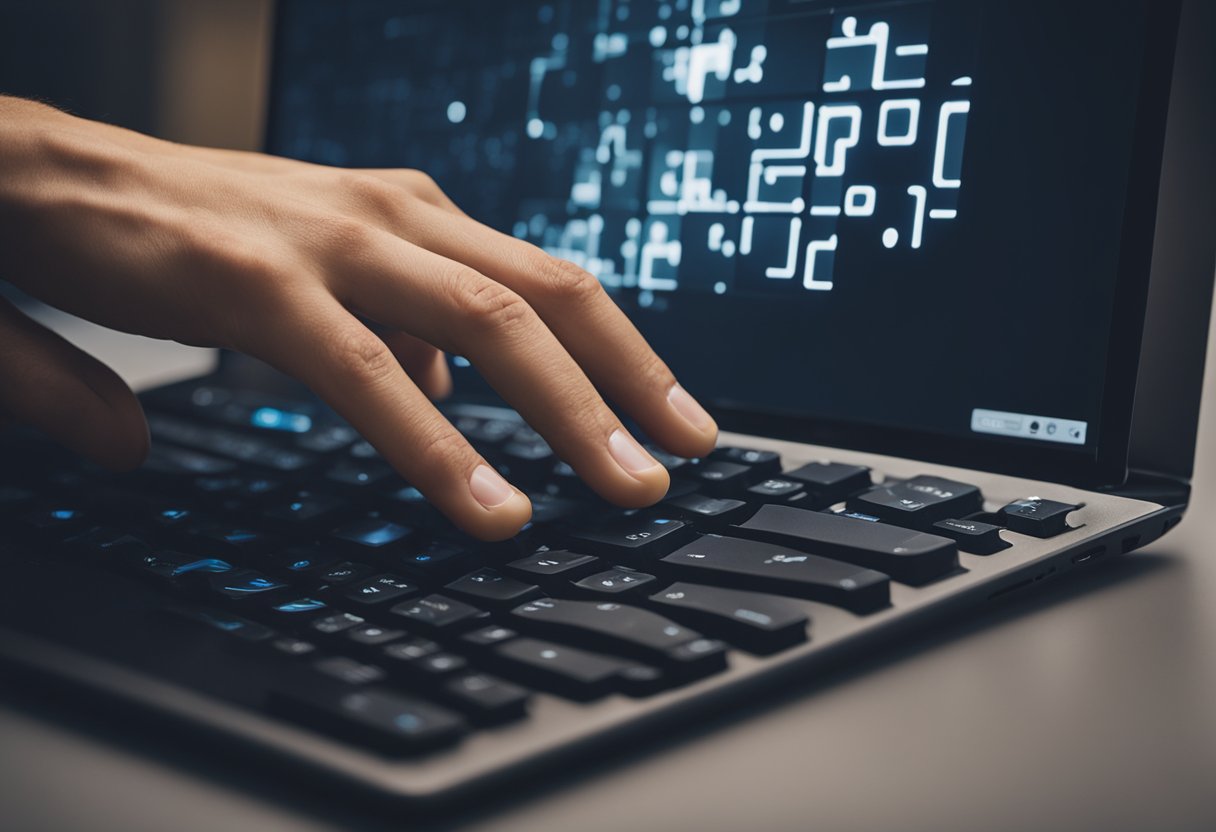 A mão de uma pessoa se estendendo em direção a uma tela de computador bloqueada com uma expressão perplexa