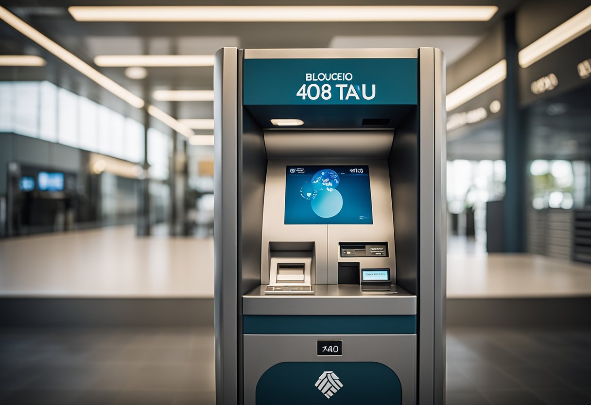 Um caixa eletrônico moderno com o logo "bloqueio 408 itau" exibido na tela