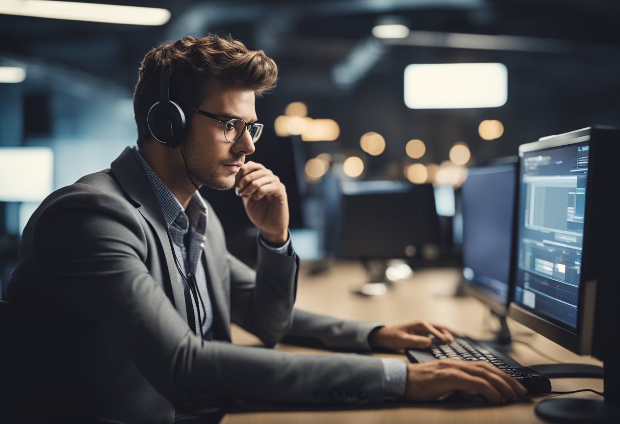 Uma pessoa sentada em um computador, olhando para a tela com uma expressão de frustração enquanto tenta resolver um bloqueio 408 do Itaú.