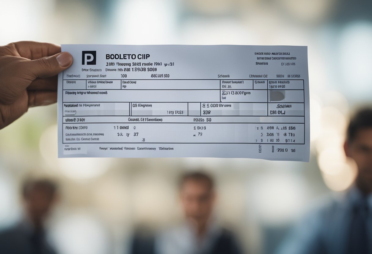 Uma pessoa segurando um boleto e parecendo confusa, com pontos de interrogação flutuando acima de sua cabeça.