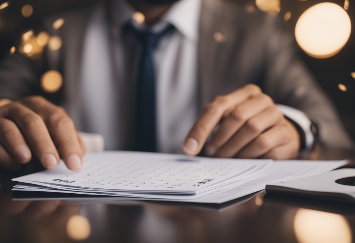 Um calendário com um círculo em torno de uma data de domingo, uma pilha de contas e uma pessoa contemplando qual conta pagar