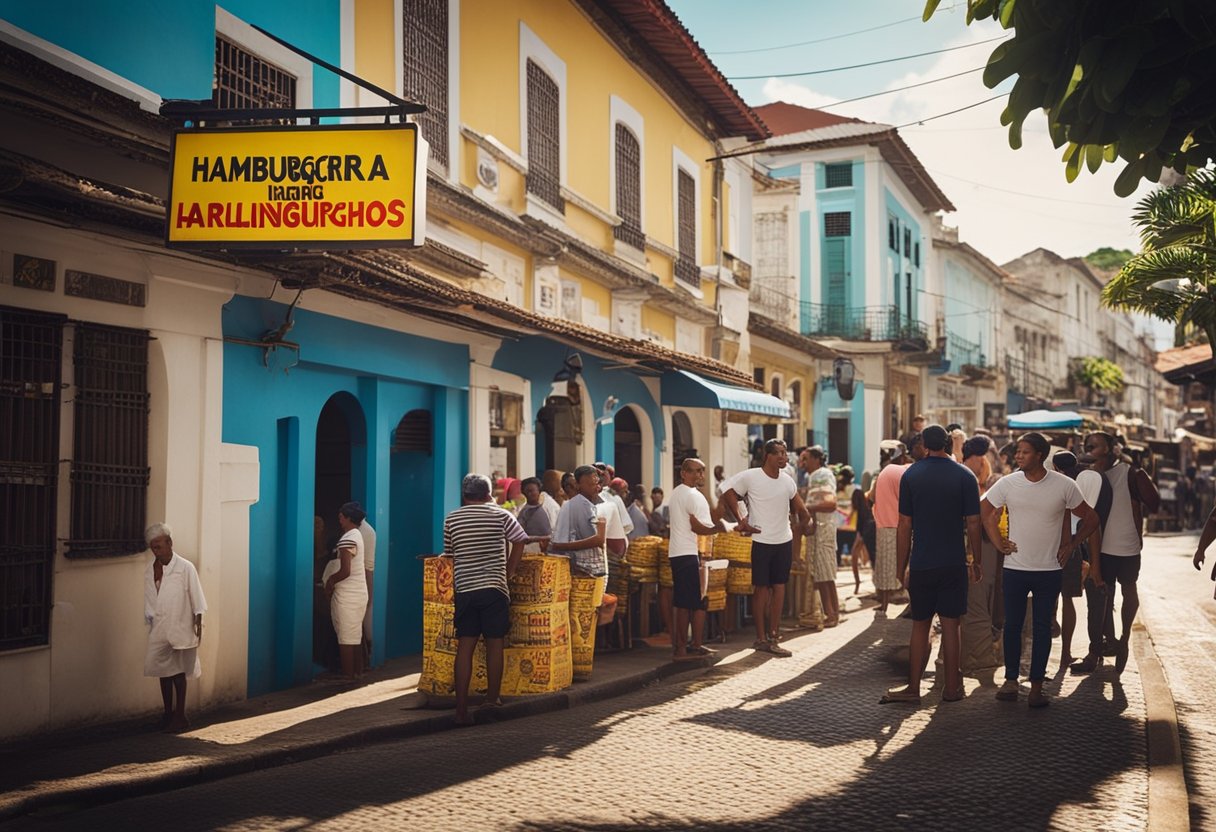 Uma esquina movimentada com uma placa colorida dizendo "Hamburgueria de Carlinhos Maia" em Salvador, enquanto as pessoas fazem fila para experimentar o novo restaurante.