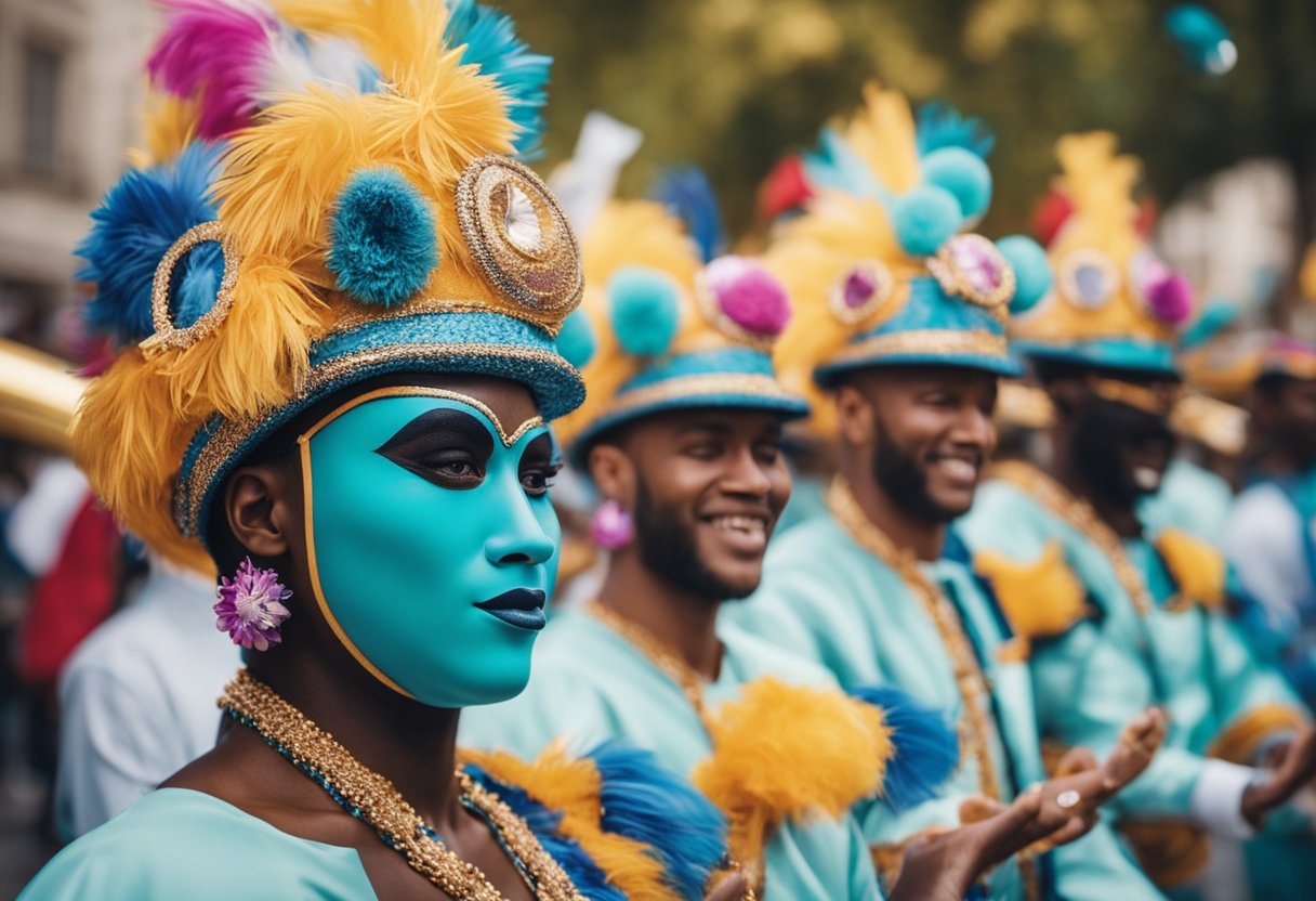 Um vibrante desfile de carnaval com carros alegóricos coloridos e música animada