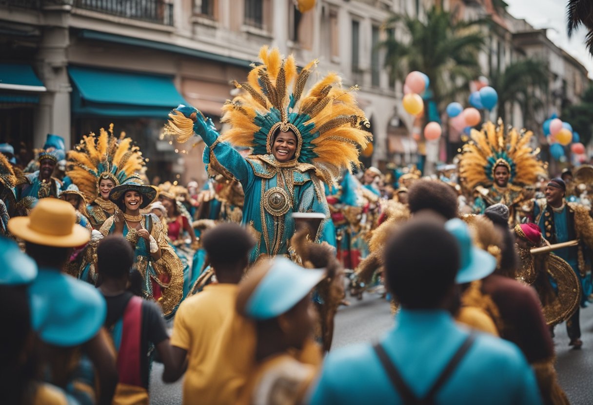 Um desfile de carnaval colorido com carros alegóricos, dançarinos e músicos se movendo pelas ruas, cercados por espectadores animados.
