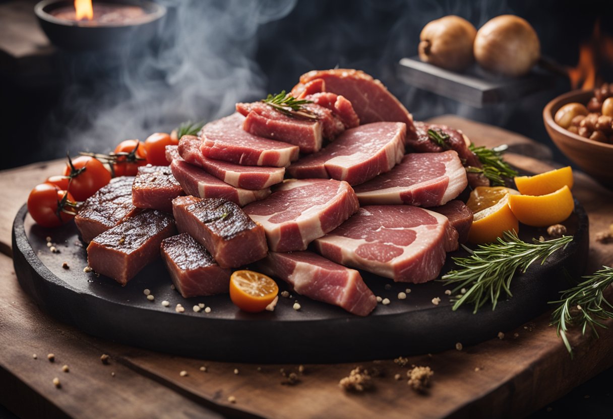 Uma mesa cheia de diversos cortes de carne crua, pronta para grelhar sobre uma chama aberta. A fumaça sobe ao fundo.