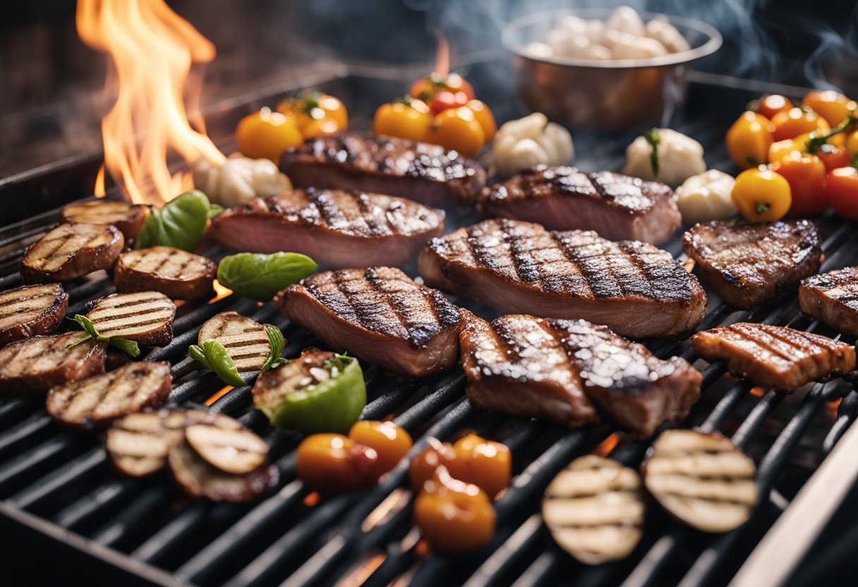 Uma variedade de carnes acessíveis exibidas em uma grelha, cercadas por ferramentas de churrasco e condimentos. A fumaça sobe da carne chiando.