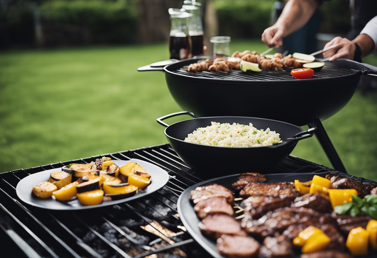 Um churrasco no quintal com cortes de carne acessíveis grelhando sobre carvão. Mesas estão preparadas com condimentos e bebidas para um encontro econômico.