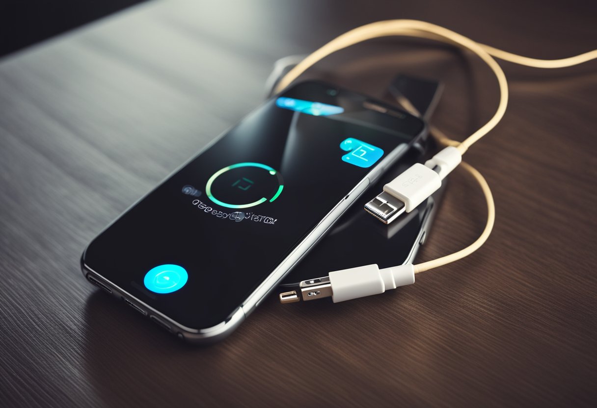 Um iPhone conectado a outro com um cabo de carregamento