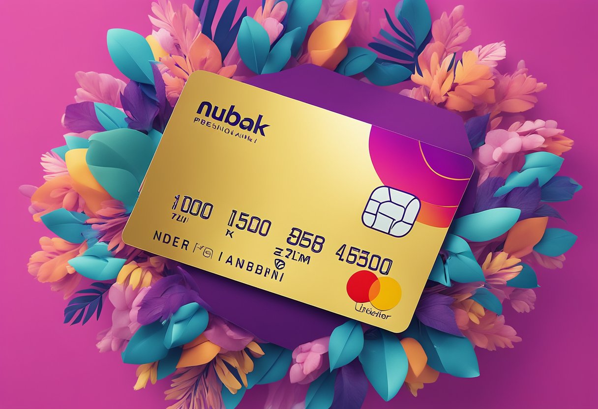 Uma mão segurando um cartão Nubank com um cartão adicional ao lado, contra um fundo colorido