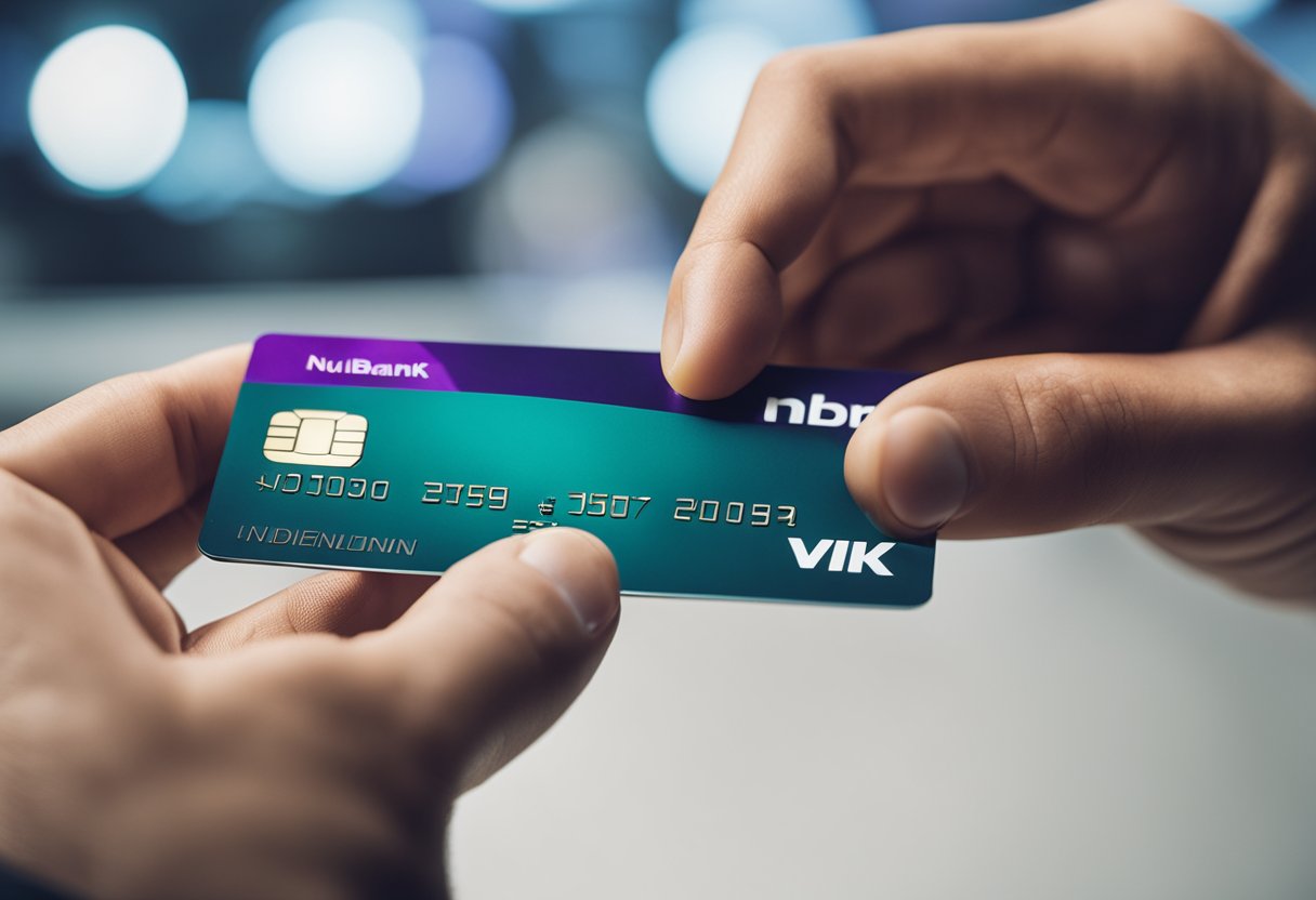 Um Cartão Adicional do Nubank sendo entregue de uma mão para outra mão