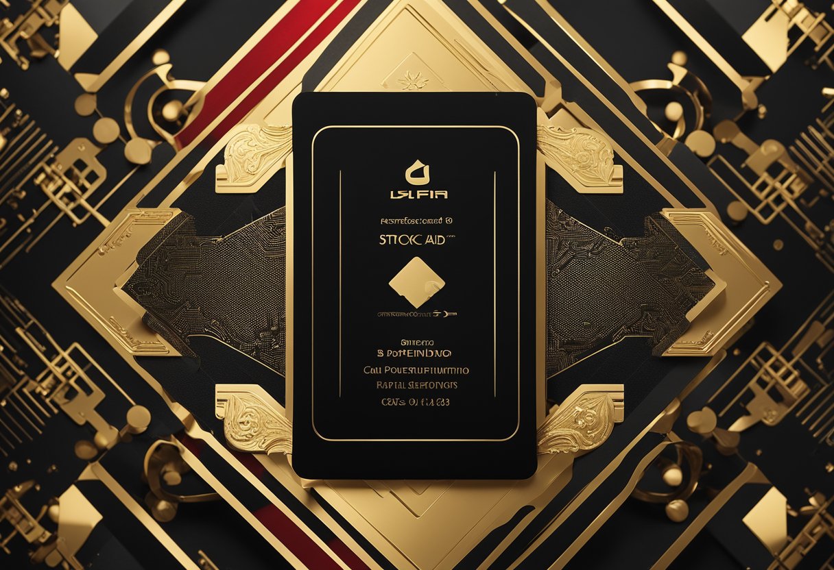 Um cartão Inter preto cercado por detalhes em dourado e vermelho em um fundo elegante e moderno