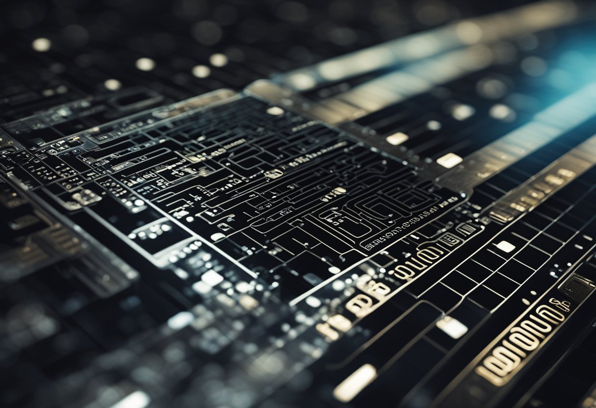 Um cartão de crédito preto elegante cercado por padrões digitais futuristas