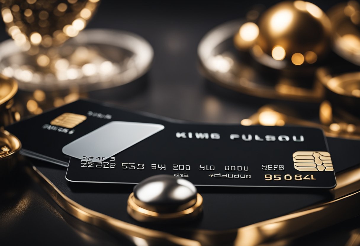 Um cartão de crédito preto elegante cercado por itens de luxo e benefícios exclusivos