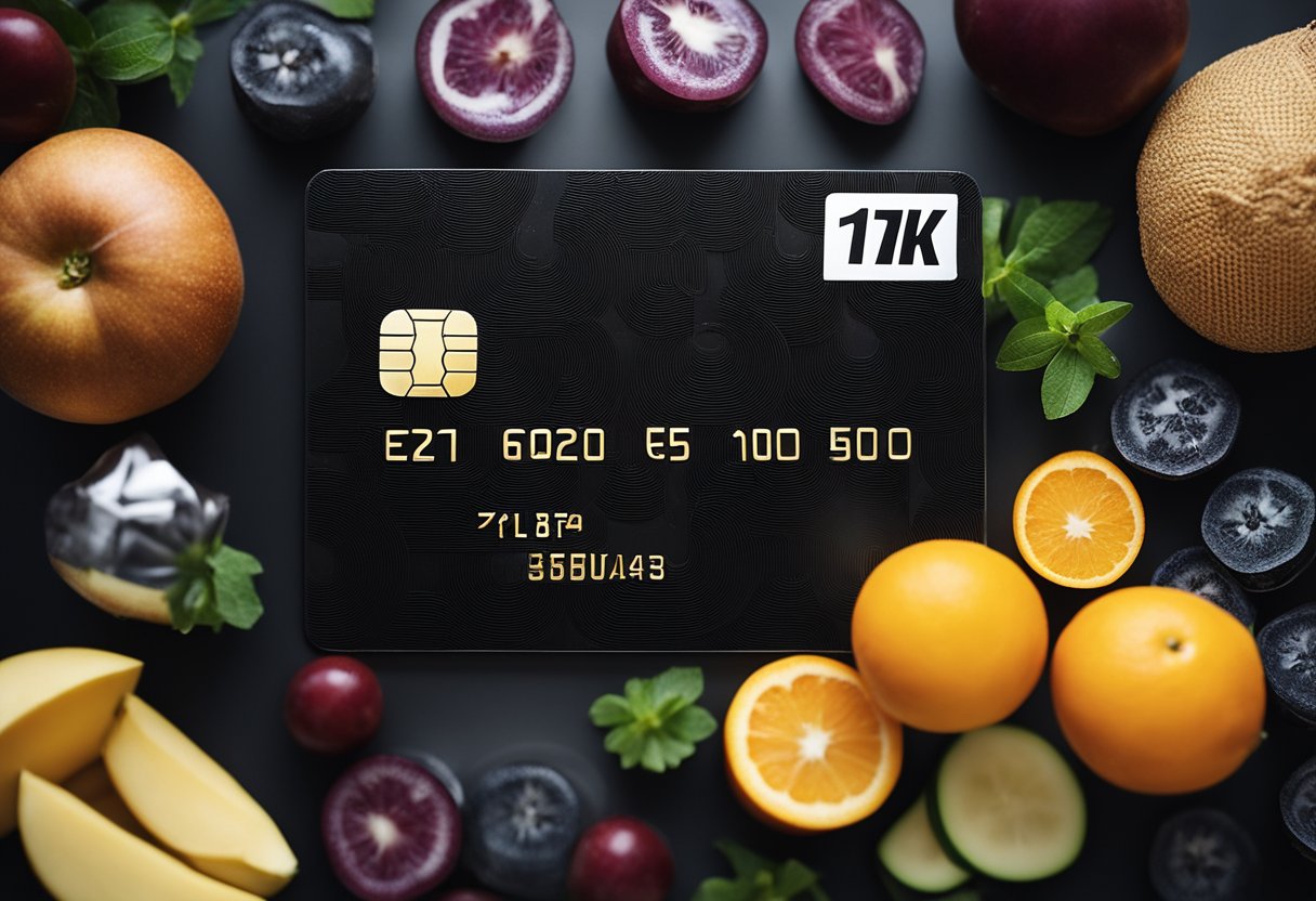 Um cartão de crédito preto elegante cercado por itens relacionados ao mercado, como frutas, vegetais e outros produtos de supermercado.