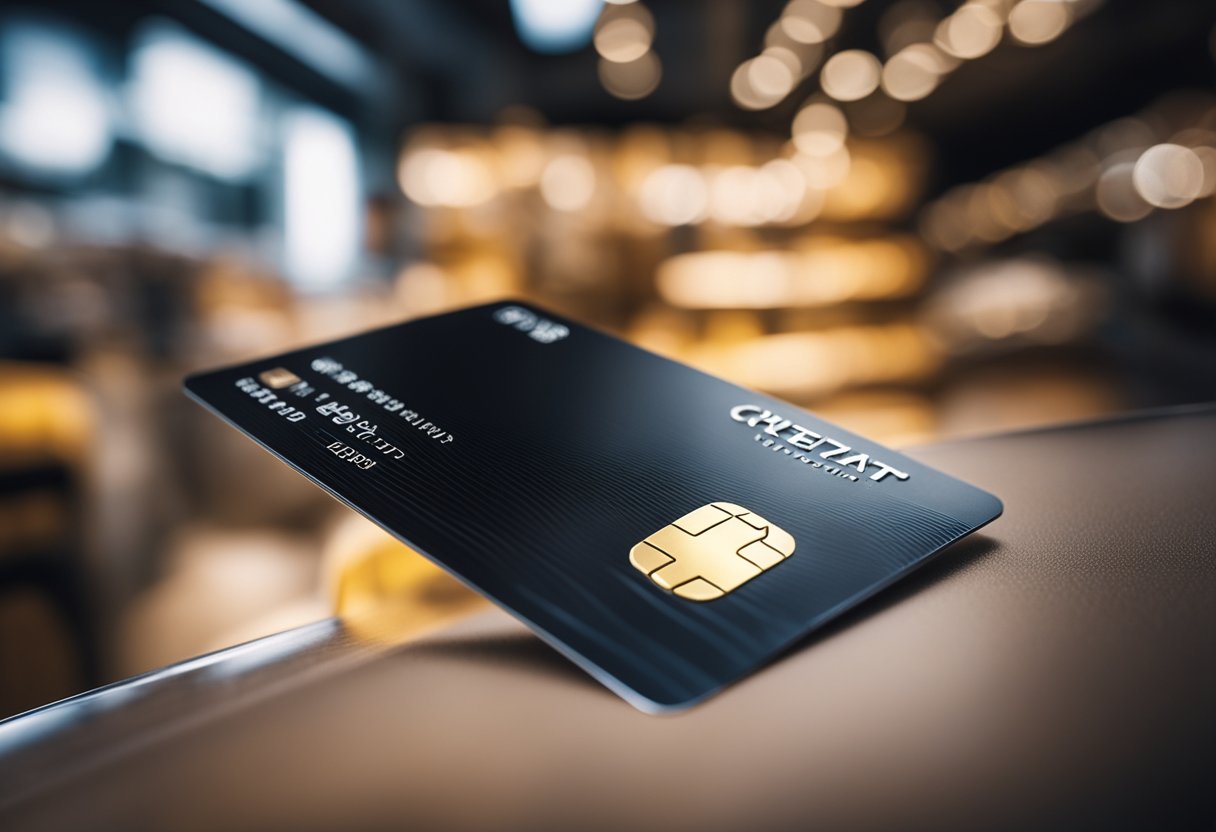 Um elegante cartão de crédito preto flutuando acima de um mercado, cercado por elementos modernos e luxuosos.