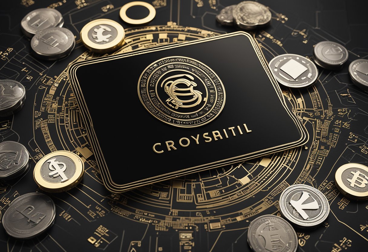 Um cartão de crédito preto luxuoso cercado por símbolos e ícones do mercado financeiro