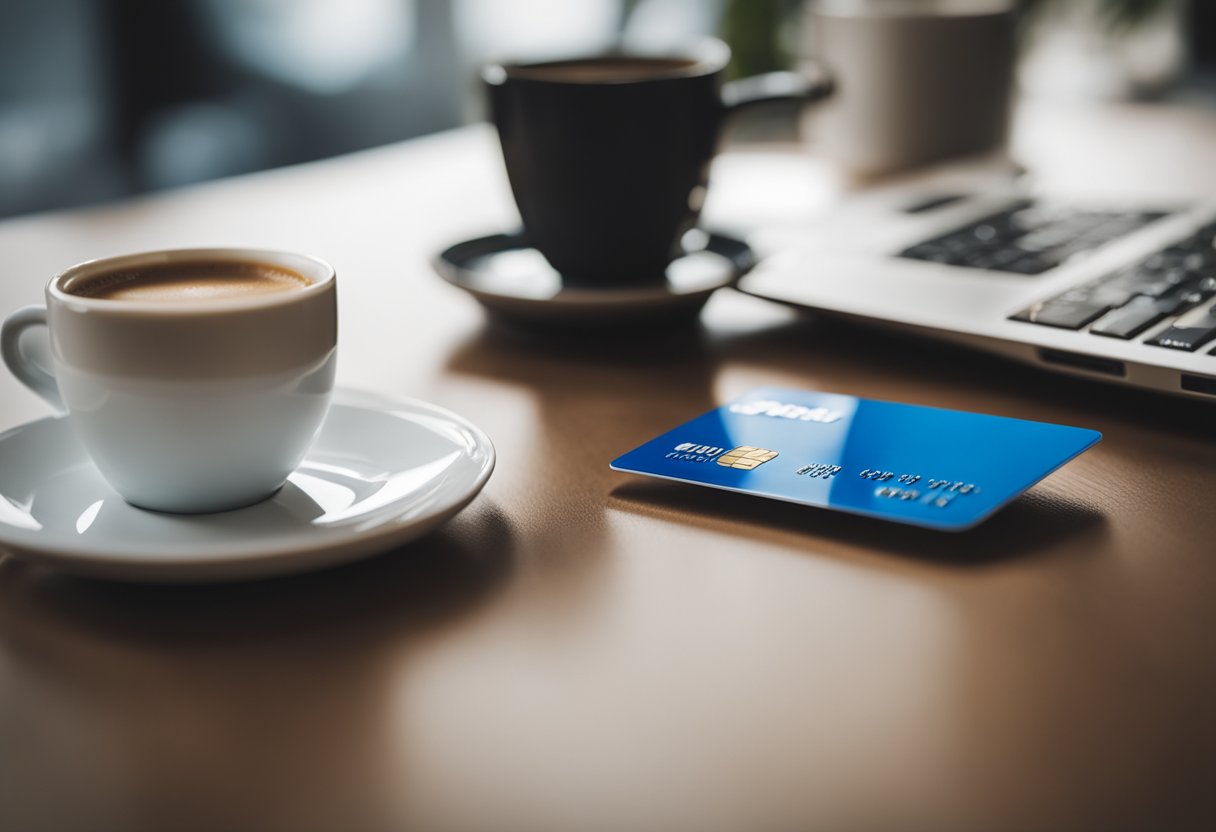 Um cartão de crédito azul brilhante com o logo da Blubank está sobre uma mesa limpa e moderna, cercado por um laptop elegante e uma xícara de café.