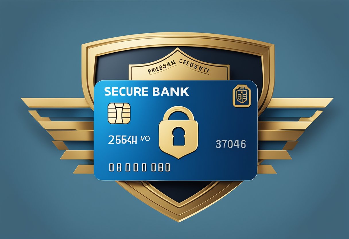 Um cartão bancário azul seguro cercado por um símbolo de escudo e cadeado