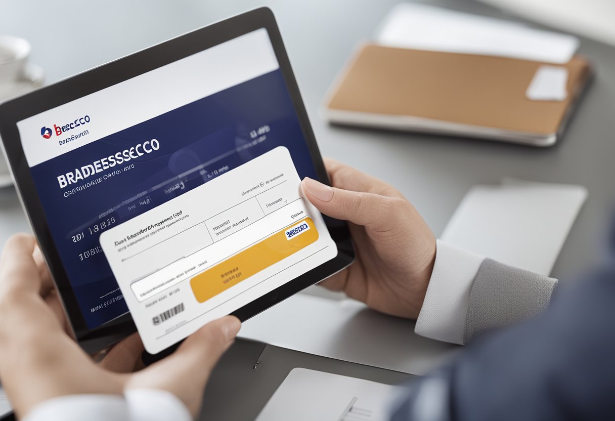 Uma pessoa segurando um formulário de solicitação de cartão de crédito Bradesco Signature, com um laptop e um telefone por perto