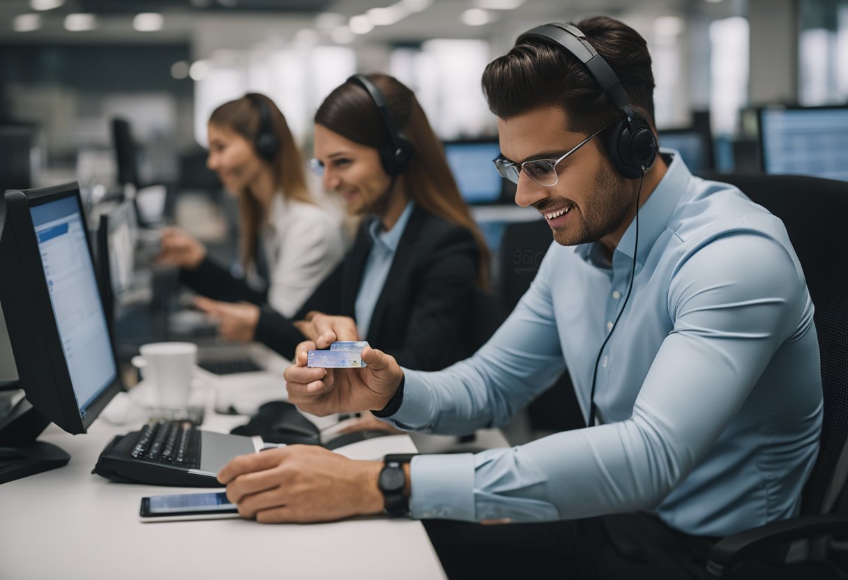 Um representante de atendimento ao cliente ajudando uma pessoa frustrada com um problema no cartão BRB Flamengo