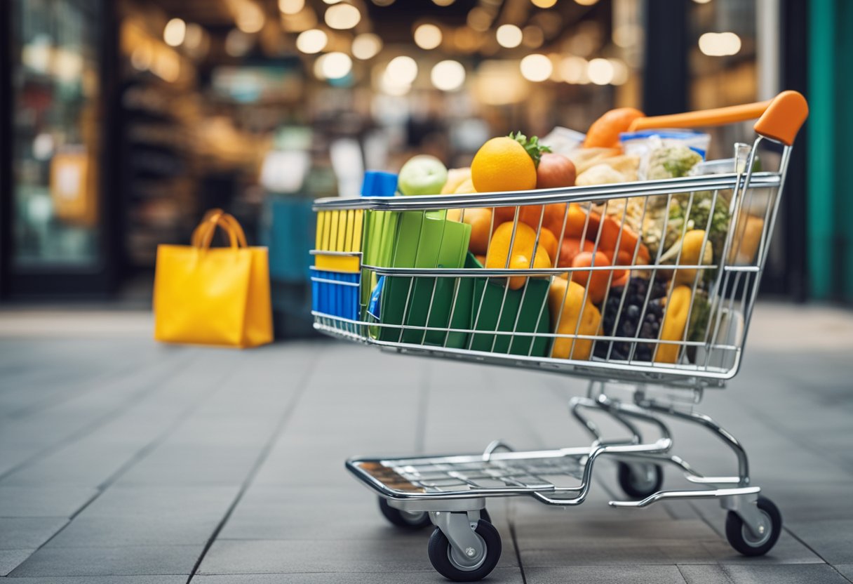 Um carrinho de compras colorido cheio de vários itens, incluindo mantimentos, roupas e eletrônicos, está em frente a uma fileira de diferentes lojas.