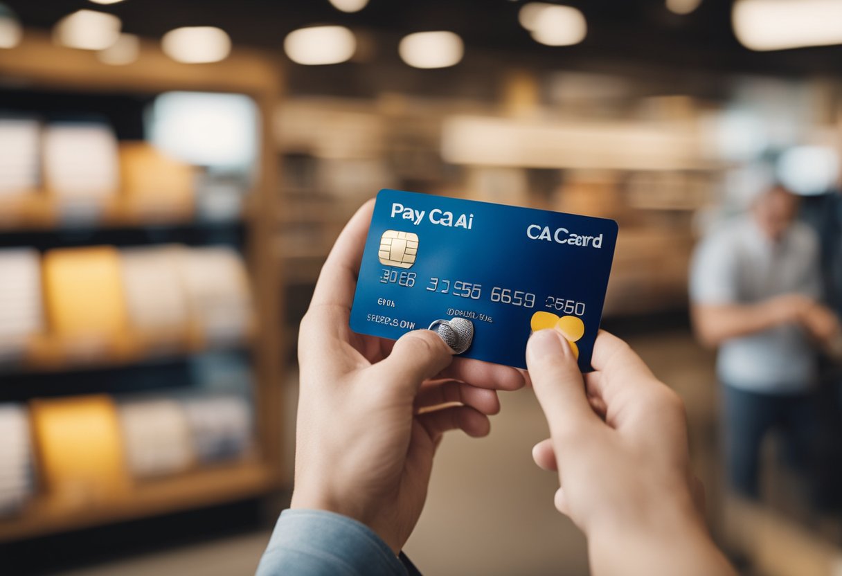 Uma mão segurando um cartão CA Pay enquanto faz uma compra em uma loja de varejo