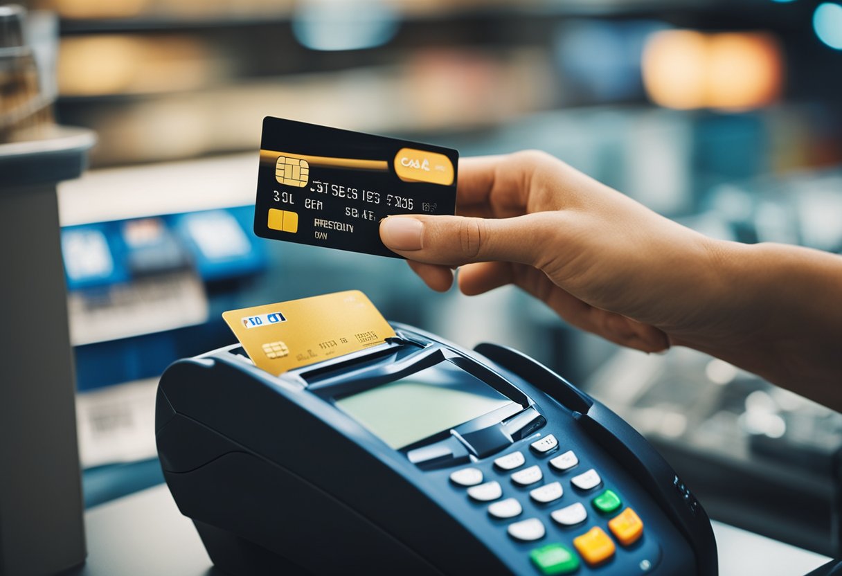 Uma pessoa usando um cartão CA Pay para fazer compras em várias lojas