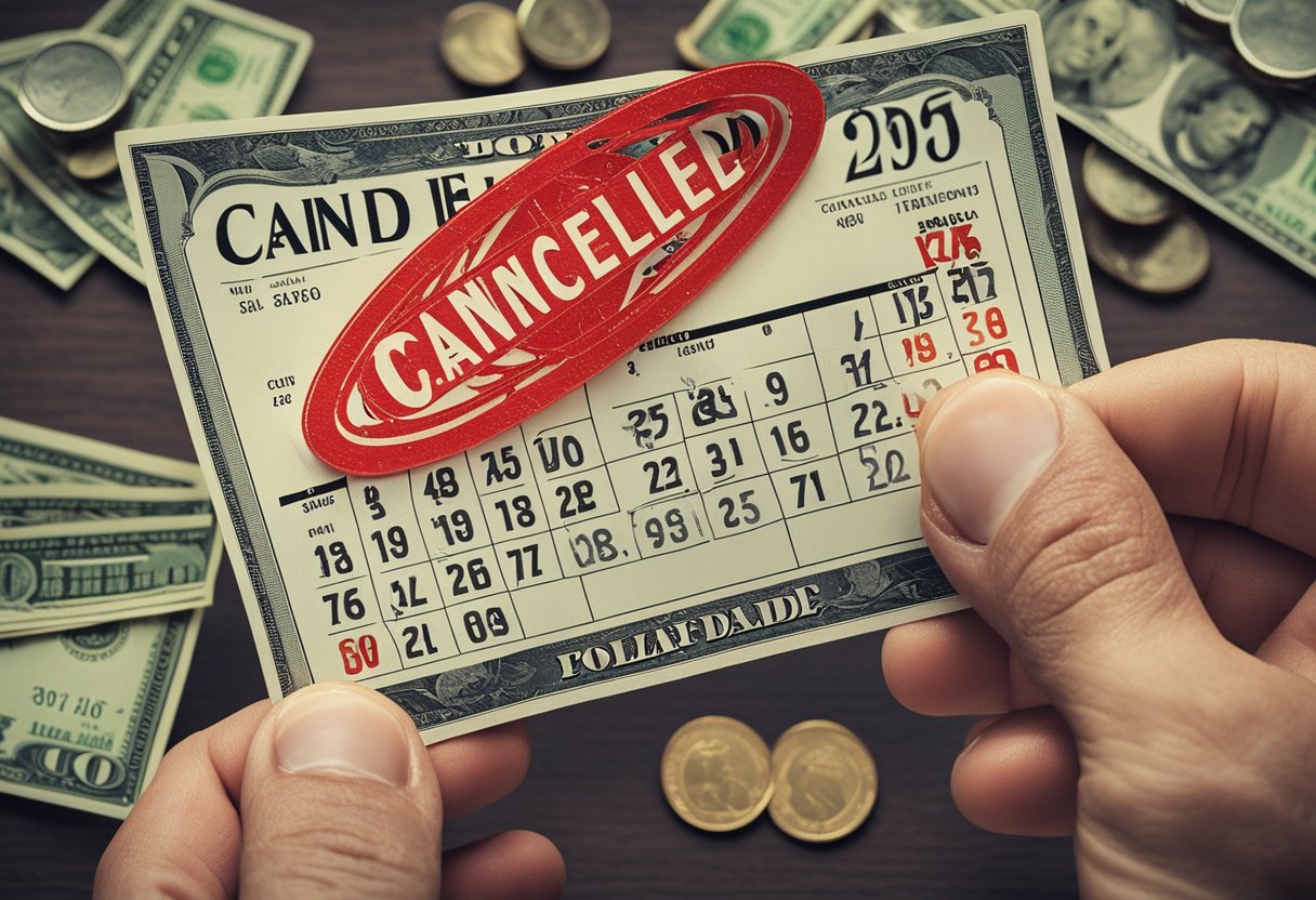 Uma mão segurando um cartão de crédito com um carimbo vermelho de "cancelado" sobre ele, cercado por notas de dólar e um calendário com uma data circunscrita.