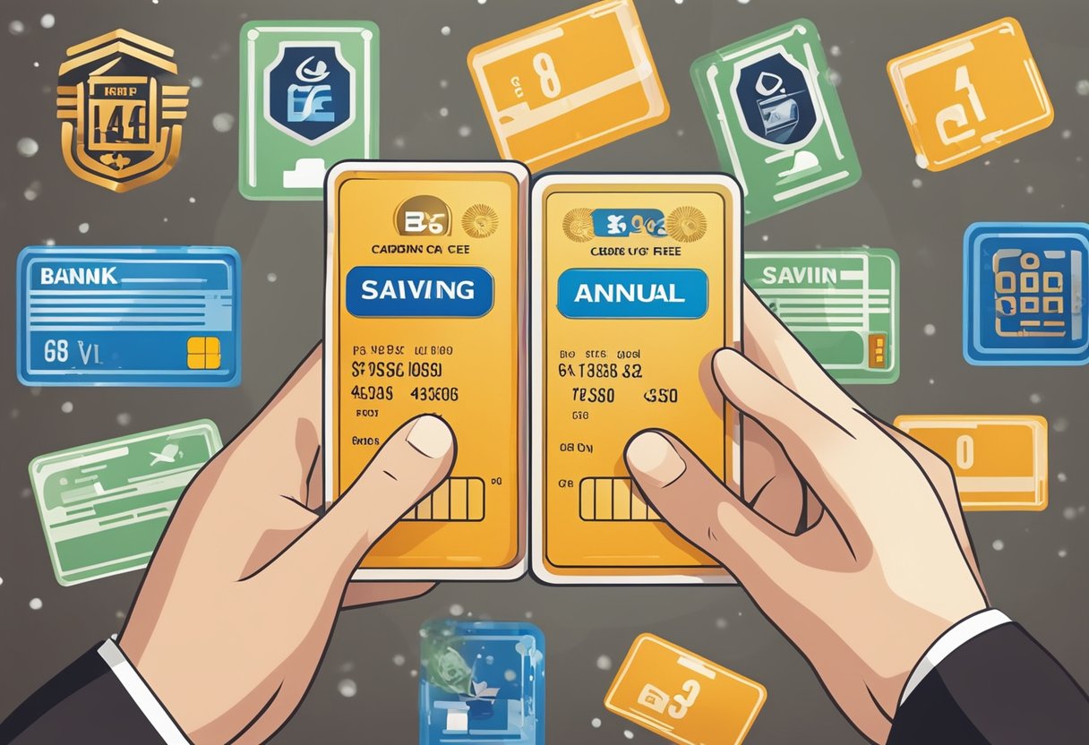 Uma pessoa segurando um cartão Carbon do C6 Bank com uma promoção de "anuidade grátis por um ano", cercada por símbolos de economia e liberdade financeira.