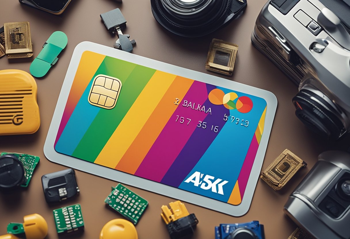 Um cartão de crédito colorido das Casas Bahia cercado por vários itens domésticos e eletrônicos