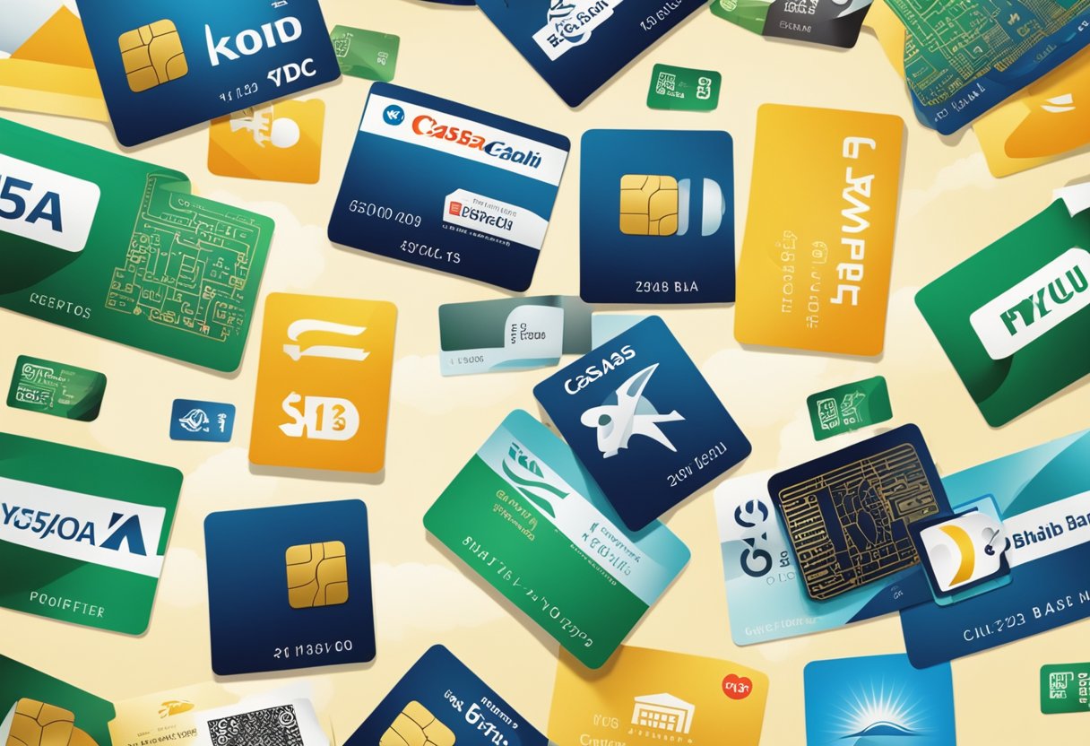 Um cartão de crédito com o logo "Casas Bahia" cercado por vários ícones de taxas e encargos