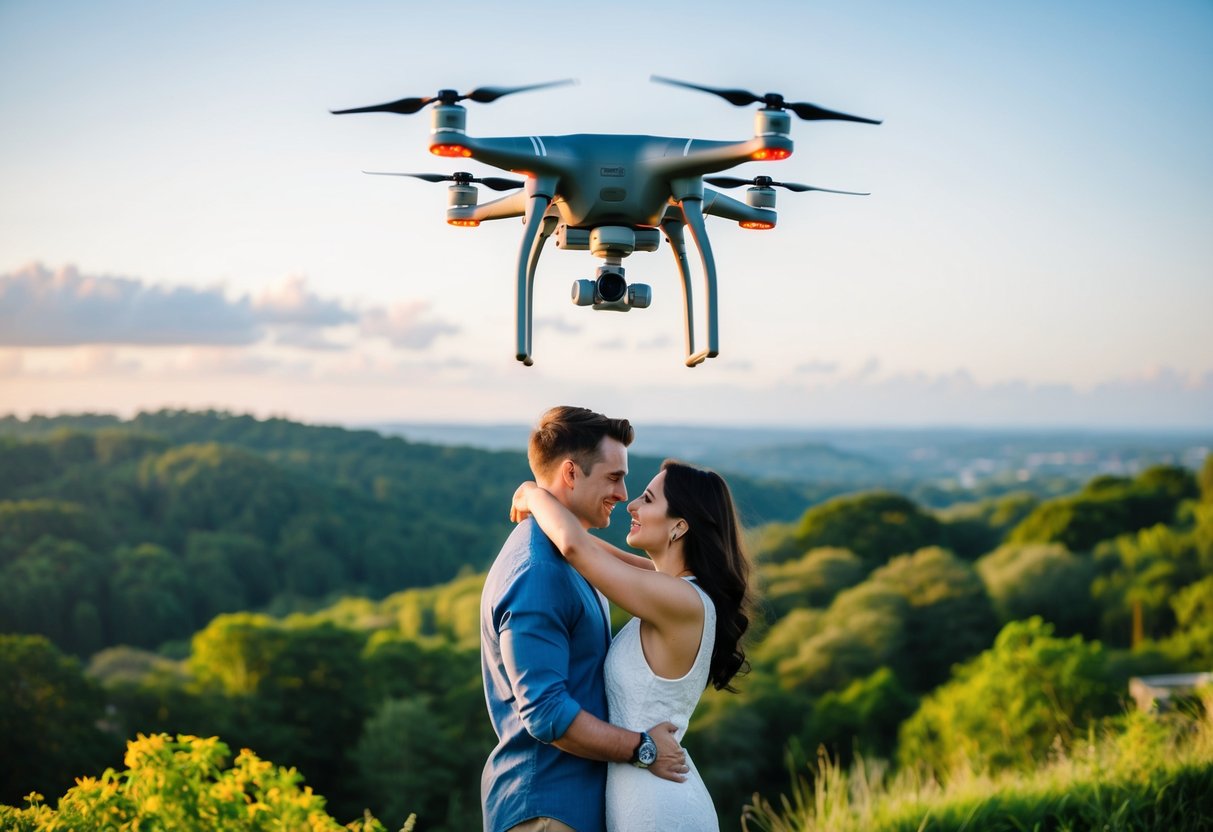 A drone hovers above a scenic outdoor location, capturing a couple in an intimate engagement shoot amidst lush greenery and picturesque landscapes