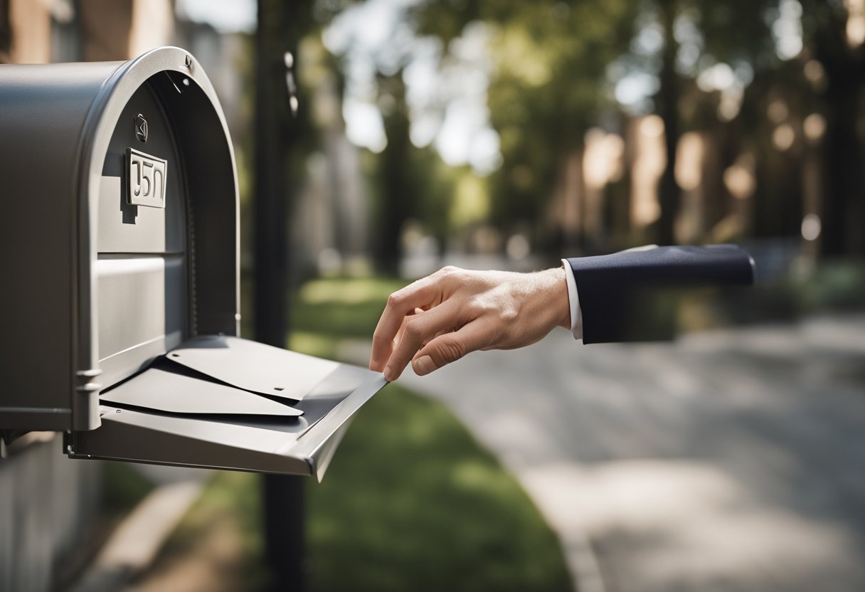 Uma mão se estendendo para pegar uma caixa de correio vazia, com uma expressão de perplexidade