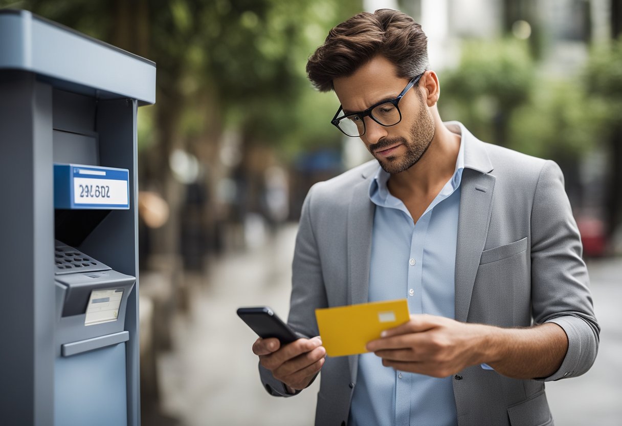 Um cliente verifica ansiosamente sua caixa de correio em busca de um cartão da Conta Fácil do Banco do Brasil que está faltando, enquanto segura um telefone e parece preocupado.