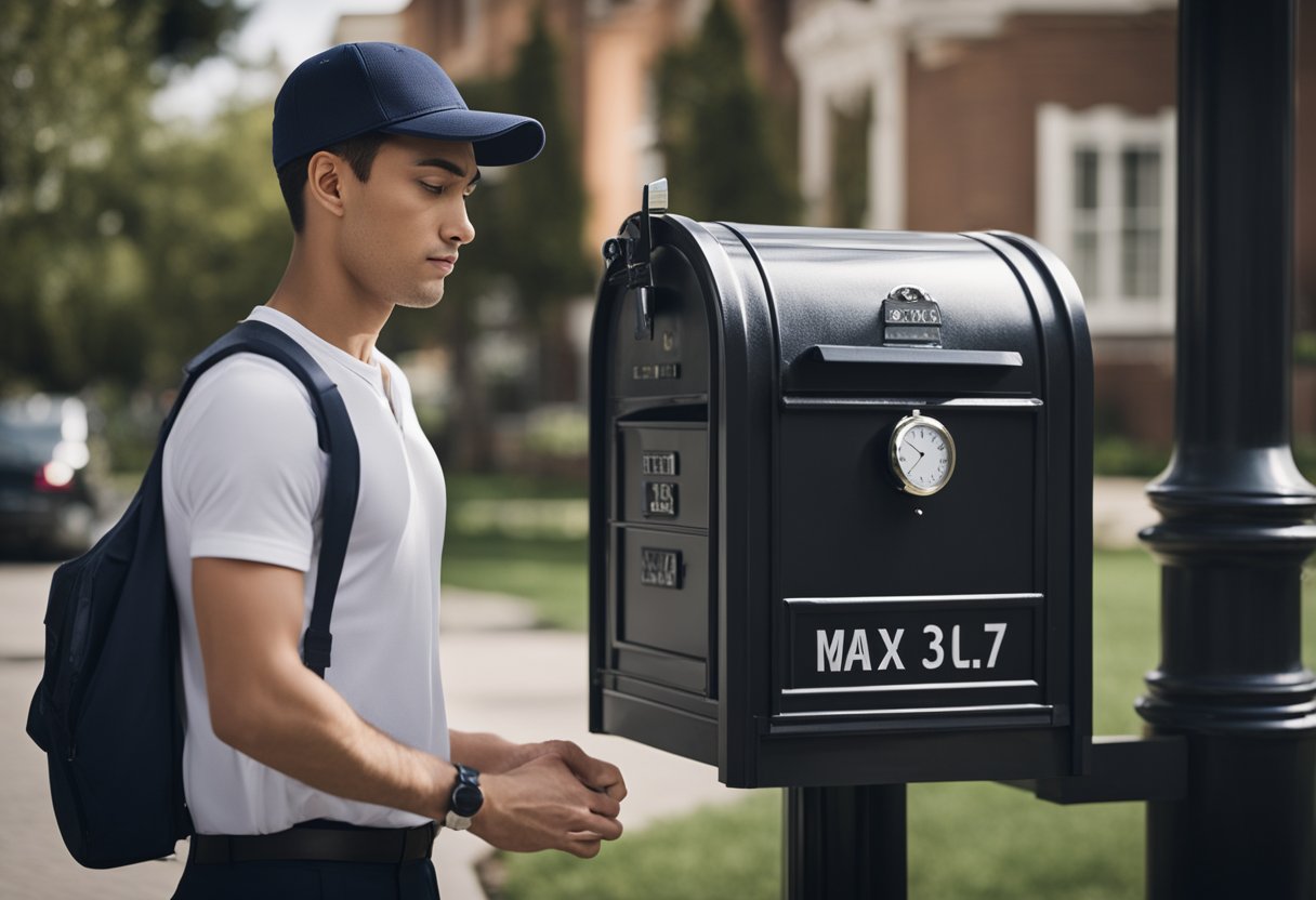 Uma pessoa espera ansiosamente ao lado da caixa de correio, olhando para o relógio e batendo o pé. A caixa de correio está vazia, sem sinal da entrega esperada.